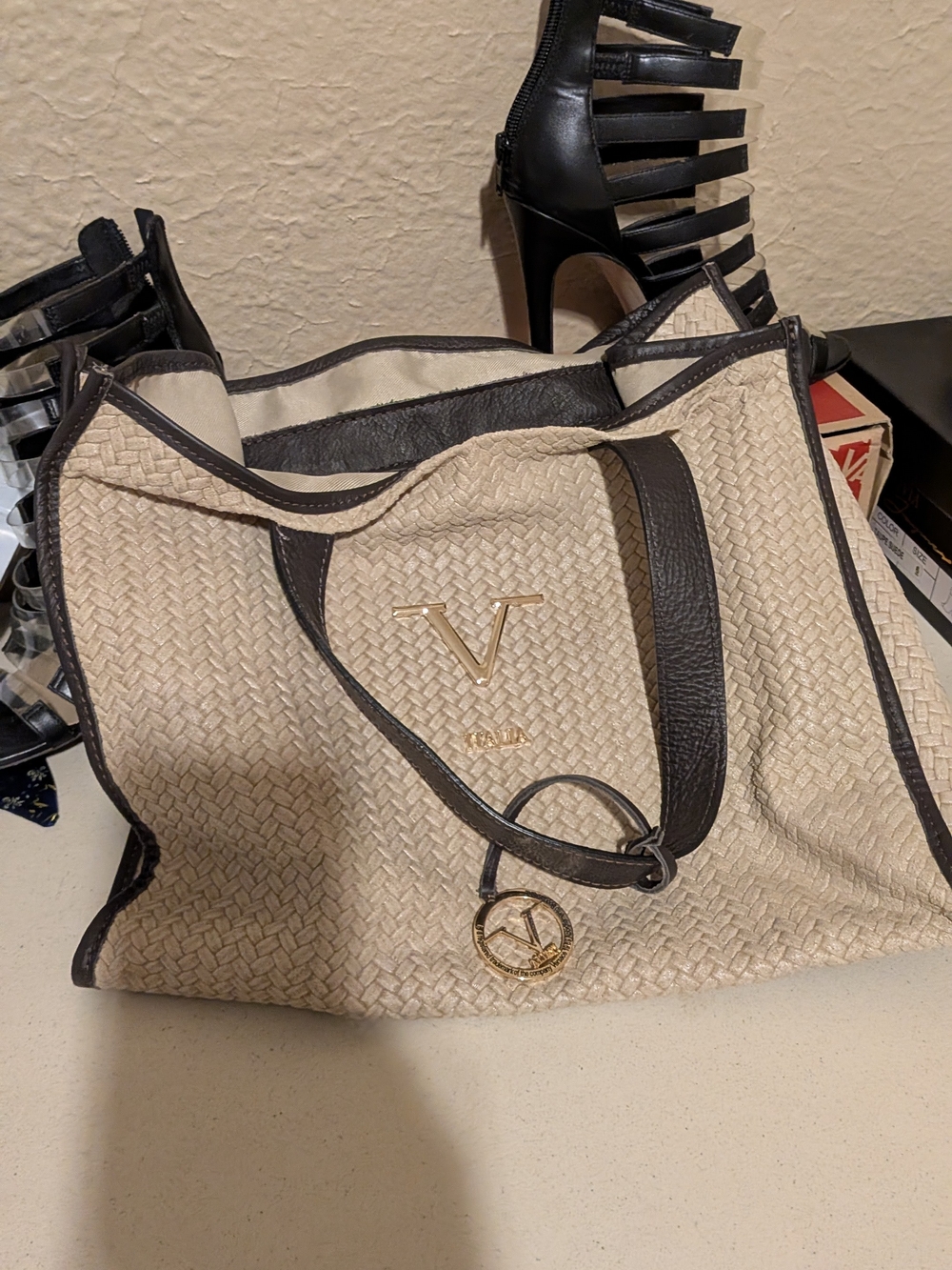 Versace Italia Vera Pelle Beige Woven Tote with Black Trim and Gold Logo